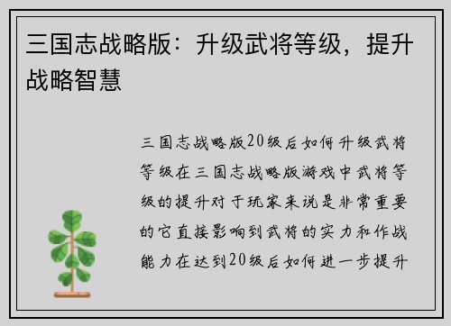 三国志战略版：升级武将等级，提升战略智慧